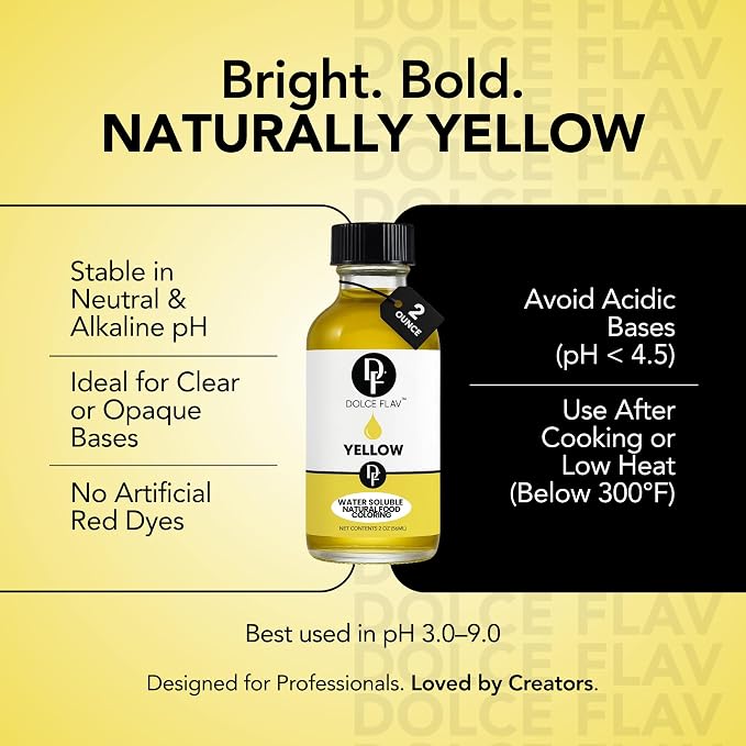 Dolce Flav Natural Yellow Food Coloring – 2 oz Bright Plant-Based Color from Curcumin | Water-Soluble Liquid Color for Baking, Drinks & Frostings | Graduated Dropper Included | | Kosher | No Artificial Dyes | Made in USA