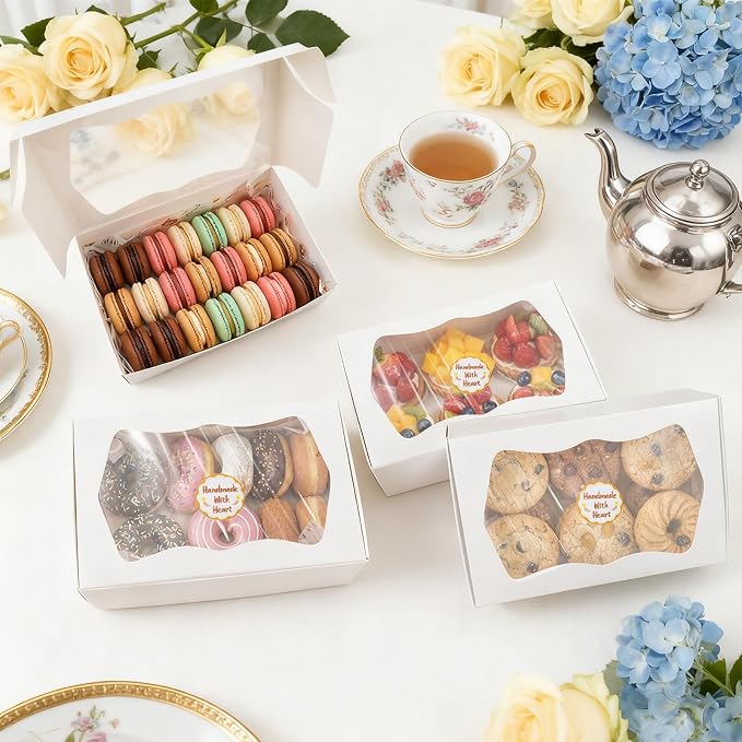 30 Pack Bakery Boxes with Window, 9.5"×6"×3" Cookies Box with Wax Paper, Paperboard Pie Cake Treat Boxes with 30 Stickers, Bakery Gift Box Container for Dessert Mini Cake Pastry Birthday