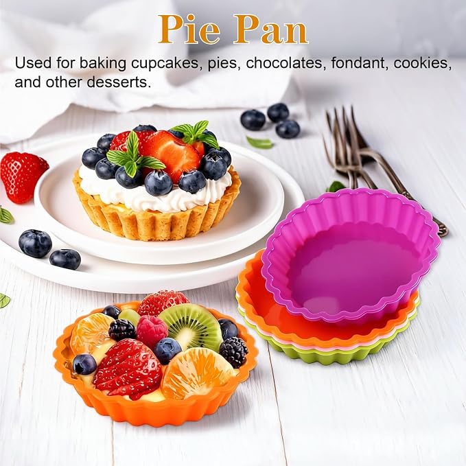 8 Pack Silicone Tart and Pie Molds, 4.2 Inches Round Baking Molds, Small Fluted Cake Pans Mini Quiche Tart Pans for Baking Pies, Tarts, Cakes, Small Dessert DIY (Random Color)