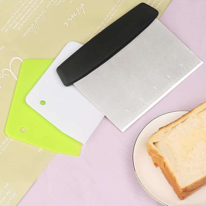Dough Scraper Set of 3 with Handle and Scale Stainless Steel Dough Scraper, Plastic Shape Spatula for Cutting Pizza, Pastry, Bread, Baking and Spreading