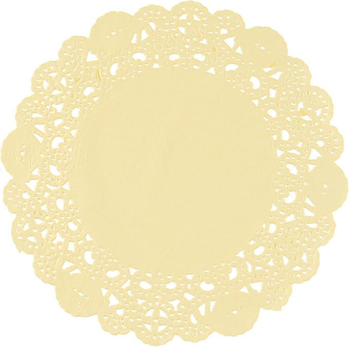 Pastry Tek 6 x 6 Inch Paper Lace Doilies, 100 Disposable Table Doilies - Elegant Lace Finish, Long Lasting, Yellow Paper Doily, for Pastries, Cupcakes, Desserts - Restaurantware