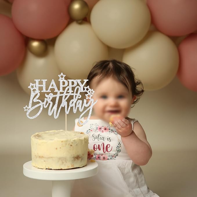 Gyufise 1Pcs Happy Birthday Cake Topper Glitter Cake Pick for Celebrating Anniversary Theme Party Cake Decorations Supplies Light Silver