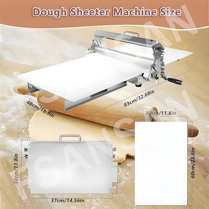 Commercial Dough Sheeter, Reversible Puff Pastry and Fondant Sheeter, Manual Sheeter, Adjustable Thickness from 0 to 25 mm, Foldable Sheeter for Bakeries and Pastries Model300