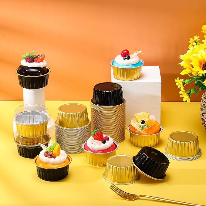 120 Pcs Aluminum Foil Baking Cups Mini Cake Pans with Lids 5 oz Cupcake Liners Disposable Muffin Tins Wrappers Baking Foil Ramekins Pans Aluminum Cupcake Cups for Birthday Party(Black, Gold)