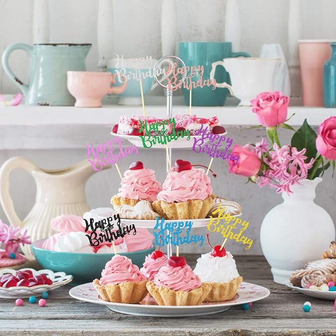Boao 64 Pieces Happy Birthday Cupcake Toppers Glitter Cake Topper Picks Dessert Topper Decoration for Birthday Party Anniversary Celebration, 8 Colors