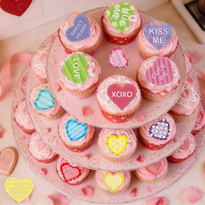 56PCS Edible Heart Cupcake Toppers Wafer Paper Sweet Love Be Mine Kiss Me Heart Cupcake Picks Colorful Heart Cake Decor for Valentine's Day Theme Party Decoration Supplies