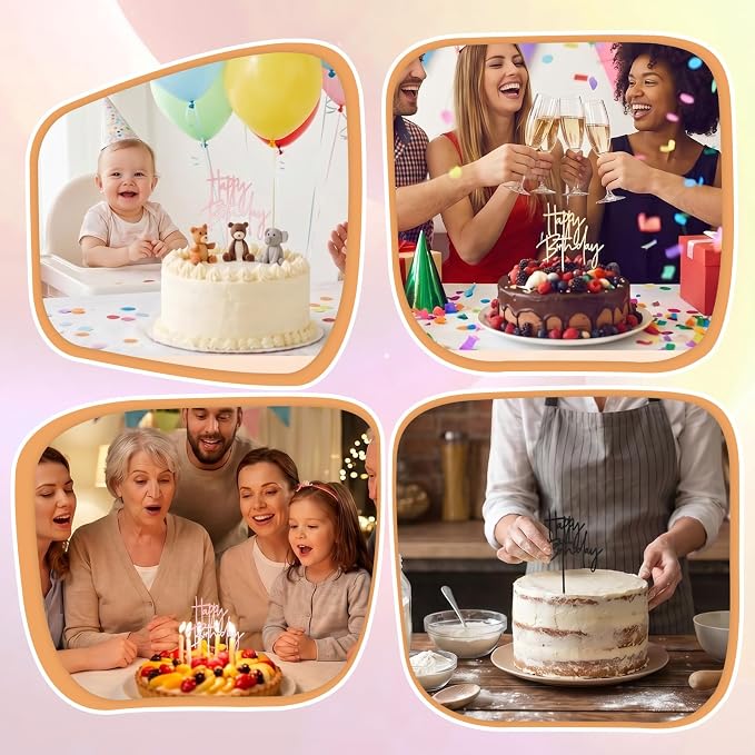 Ouligay 3 PCS Rose Black Gold Happy Birthday Cake Toppers Acrylic Cupcake Toppers Happy Birthday Cake Decorations Sign Cakes Supplies for Party Cupcake Pastries Dessert, Girls and Adults