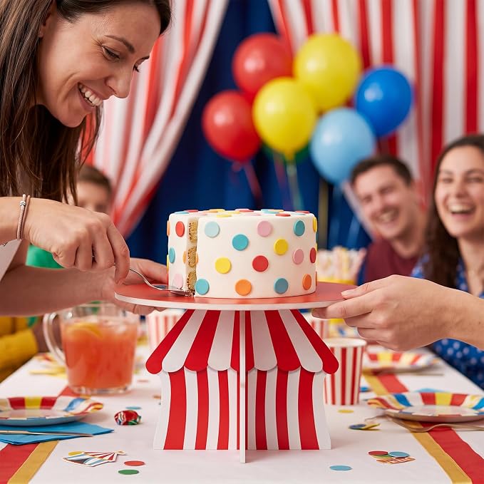 Lallisa 12" Circus Themed Cake Stand Red 3D Carnival Themed Party Decorations with Circus Tent Base PVC Dessert Holder Centerpieces for Desserts Birthday Wedding Supplies