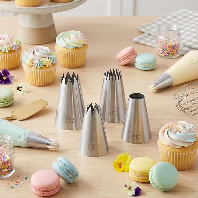 Large Piping Tips Stainless Steel Round Piping Tip Icing Pipings Nozzle Tip Set 4 Pcs Frosting Pipings Kit Pastry Cake Decorating Tips Baking Tools for Cupcake Cake Cookie Decorating