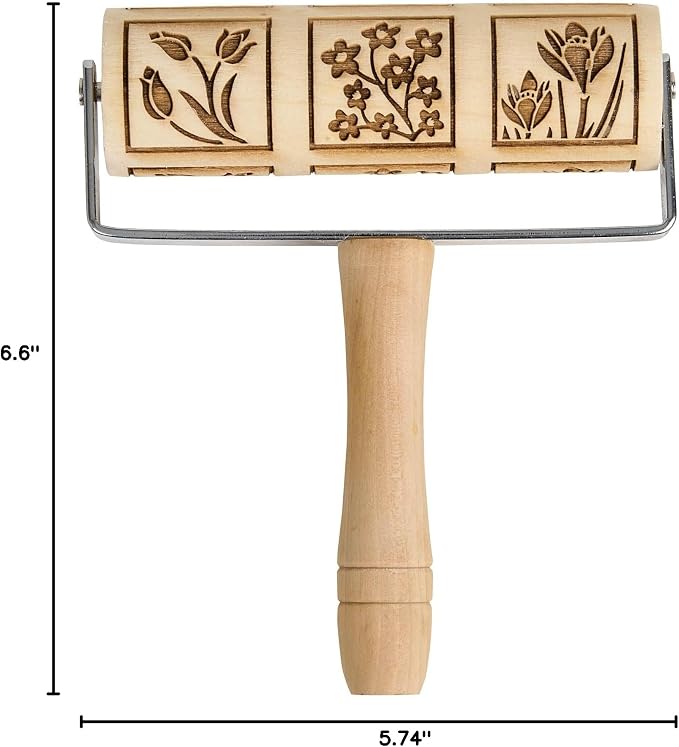 Mrs. Anderson’s Baking Mini Embossing Rolling Pin, Spring Flowers Design, Poplar Wood and Chrome-Plated Iron
