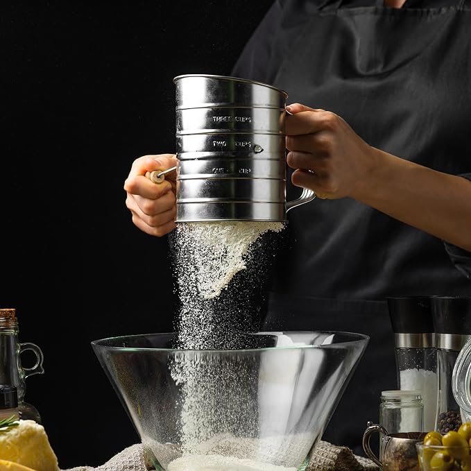 Flour Sifter, 3 Cup Flour Sifter for Baking Fine Mesh Rotary Hand Crank with Loop Agitator for Quick Sifting, Flour Sifter Stainlees Steel, Crank Sifter Flour for Baking Cakes and Spices Toresano