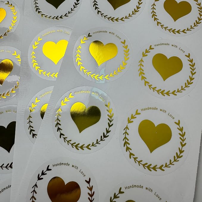 100 Pcs Handmade with Love Stickers, Transparent Foil sticker, 1.6 Inch Round Self-Adhesive Seals for Gift Packaging, Small Business, Envelope & Thank You Cards (Gold)