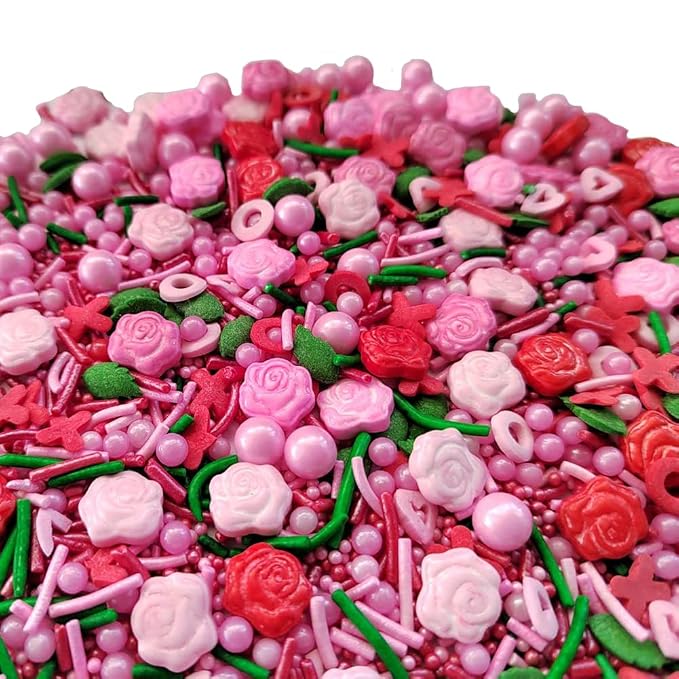 Valentines Rose Hearts Sprinkles Red Pink and Green Sprinkle Cupcake Cake Toppers Edible Cake Decorations
