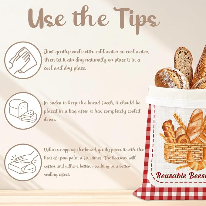 2 Pack Reusable Beeswax Bread Bags, Plaid Decor Bread Bag for Sourdough, Fresh Bread Served Daily, Reusable Linen, Natural Beeswax Storage Bag, Food Storage Cloth with Buckle 13 * 17IN