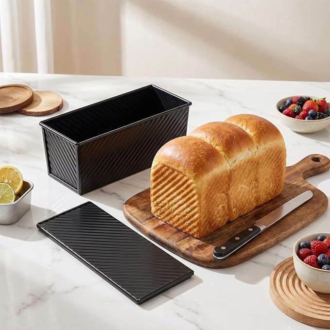Pullman Loaf Pan with Lid, 13 × 4 Inch 2.2 LB Non-Stick Carbon Steel Bread Pans, Heavy Duty Corrugated Toast Pan for Homemade Sandwich and Sourdough Bread Baking Toasting