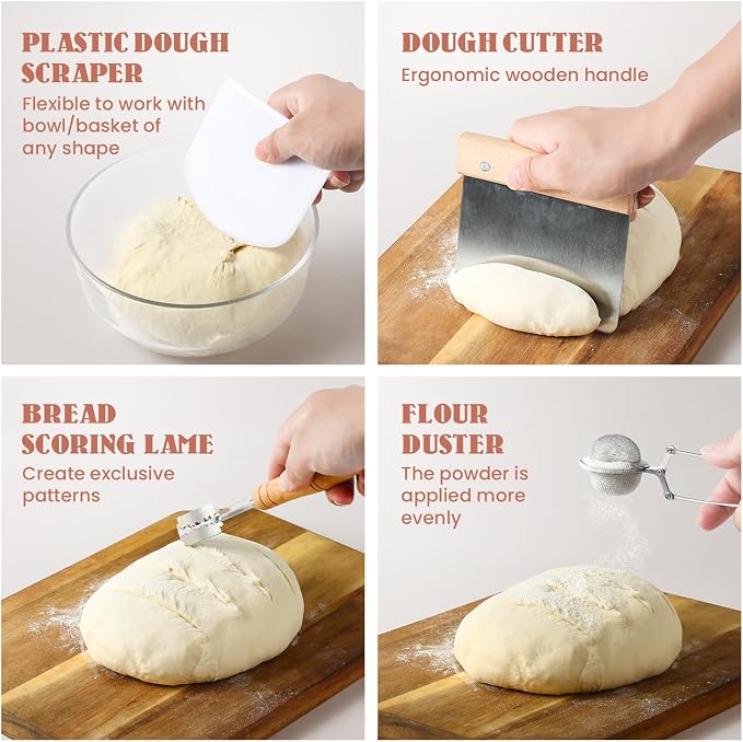 Sourdough Starter Kit 16 PCS, 11" & 9" Cotton Bread Proofing Basket Kit, 24oz Sourdough Starter Jar, Banneton Bread Proofing Baskets Set Include Oven Thermometer, Baking Supplies and Making Tools Set