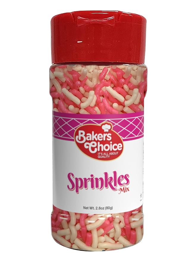 Bakers Choice Pink And White Sprinkles - Girl Baby Shower Sprinkles For Gender Reveal - Jimmies Sprinkles for Baking and Cookie Decorating - Dairy Free, Kosher 2.8 oz.