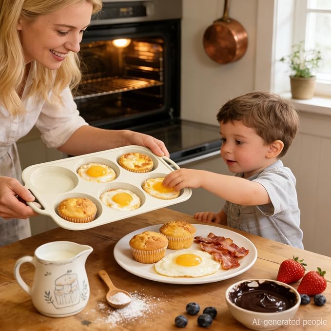 Nonstick Silicone Muffin Top Pan: 4 Inch Jumbo Silicone Egg Molds with Metal Frame for Baking Breakfast Sandwiches/English Muffins Egg Bites Hamburger Buns - for Oven Housewife (Beige& Mint Green)