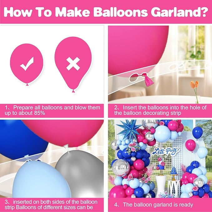 Royal Blue Hot Pink Balloon Arch Garland Kit with Blue Star Foil Balloons Silver 4D Round Balloons for Hawaii Theme Baby Shower Birthday Party Decorations