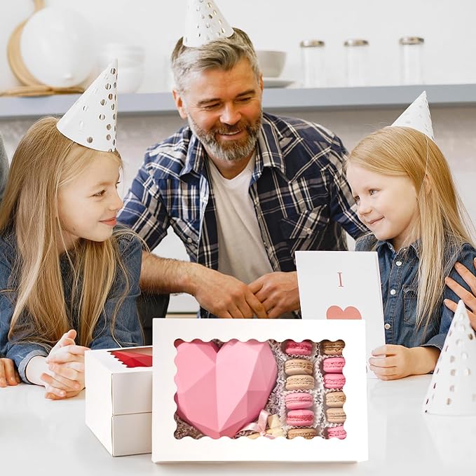 Ocmoiy 20 Pack Bakery Boxes, 12x8x2.5 Inch Cookie Boxes with Window, Auto-Popup Treat Box for Chocolate Covered Strawberries, Pastries, Donuts, Muffins, Breakable Hearts