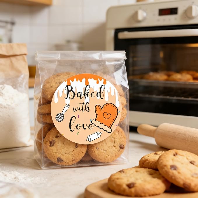 500 Pcs Baked with Love Stickers 2 Inch Round Hand Made with Love Labels 4 Unique Design Perfect for for Cookie Cupcake Stickers,Homemade Bakery Bread Bags Labels