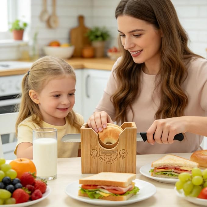 2-in-1 Bamboo Bagel & Bread Slicer Adjustable Thickness | Bamboo Cutting Guide, Manual Bread Slicer with Removable Extension Board for Homemade Bread, Bagels & Long Loaves