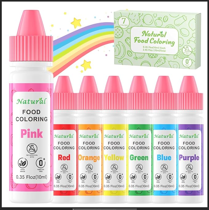 Natural Food Coloring 7 Colors Set 10ml, FD&C Dye Free & No Artificial Dyes Baking Supplies, Vibrant Rainbow Natural Edible Dye for Cake Decorating, Cookie Icing, Fondant Frosting & Slime| 0.35oz/Bottles