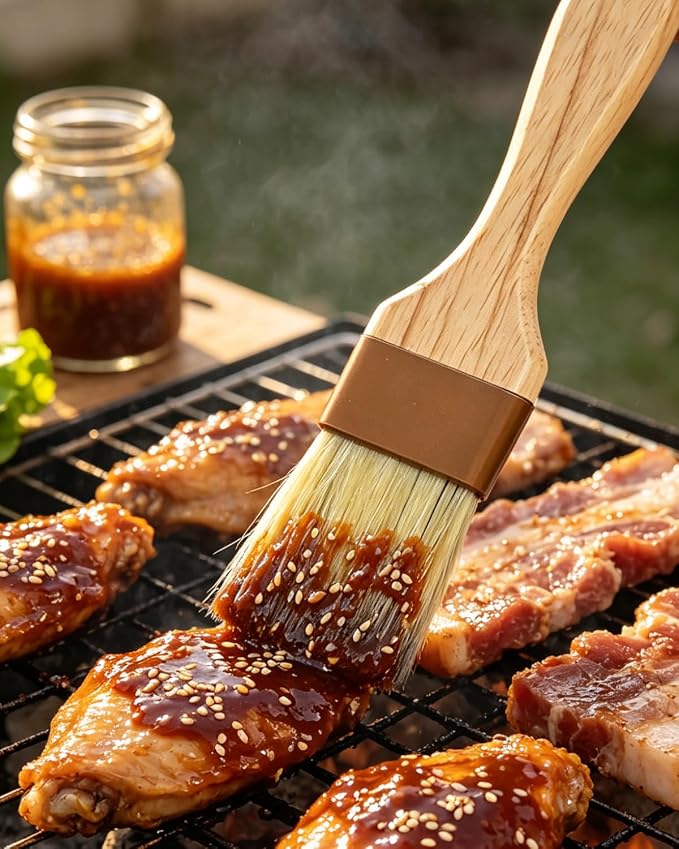 Pastry Brush,Basting Brush 2 in-Natural Boar Bristle Basting Brush for Cooking,Food Grade Brushes for Baking,Heat Resistant to Spread Oil,Sauce,Butter,Flour,Egg Wash Marinades for BBQ Barbecue(2 pc)