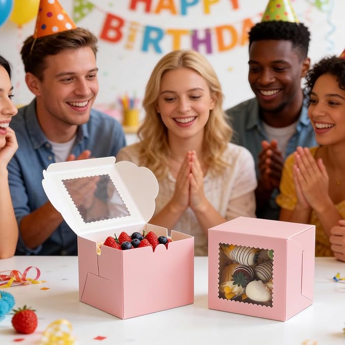 COTOPHER 50pcs 6x6x5 Inch Mini Cake Boxes, 6 Inches Small Bakery Box (25 Boxes & 25 Boards), Bento Cake Containers for Cookies, Cupcake, Desserts, Birthday, Party, Wedding, Valentine's Day