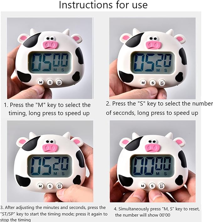 Kitchen Timer, Cute Cartoon Animal Countdown, Digital Cooking Timer with Magnetic, LCD Large-Screen Visual Clock, Hangable Alarm Clock with Stand,for Cooking Bake Sport Game (Cow)