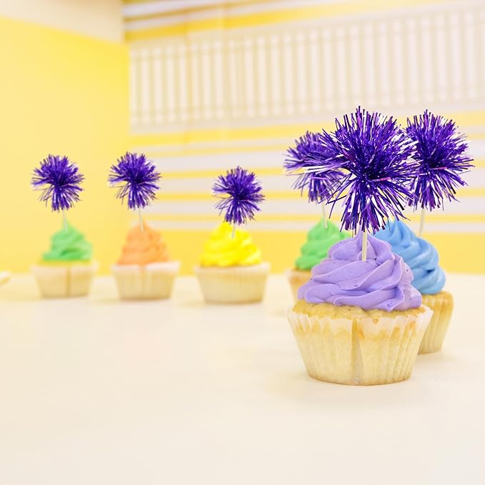 Gyufise 30Pcs Foil Firework Cupcake Toppers Sparkle Tinsel Cake Toppers Tinsel Drink Cake Decoration Cocktail Picks for Birthday Wedding Graduation Party Supplies Dark Purple