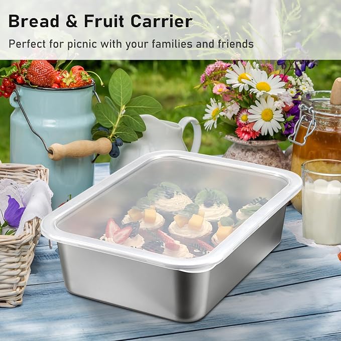 BSTKEY Pizza Dough Proofing Box, Stackable Stainless Steel Food Storage Box Container with Lid, Fits 4-6 Dough Balls, 14.1 x 10.6 Inch Large Capacity Household Pizza Dough Container