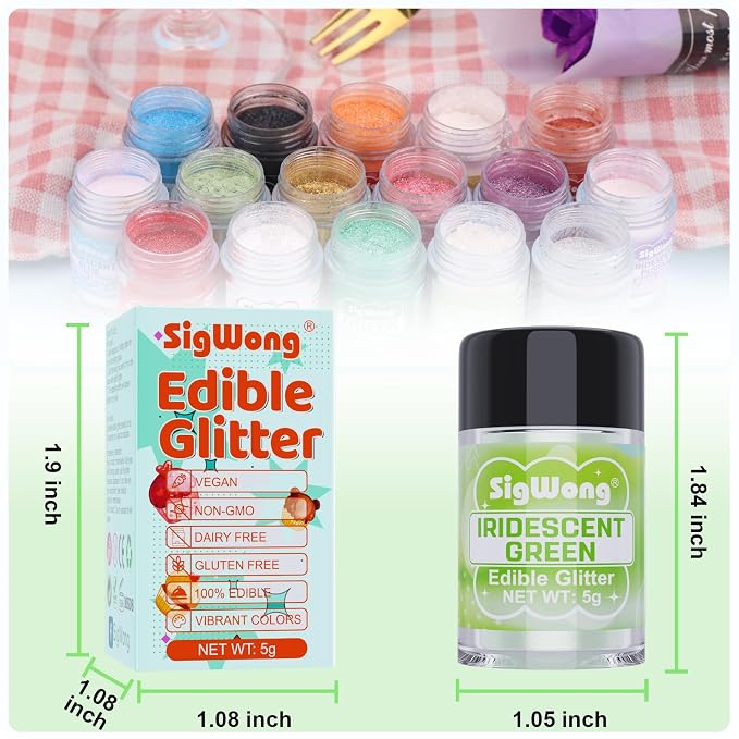 Iridescent Green Edible Glitter - 5g Food Grade Cake Decorating Shimmering Glitter, Edible Sprinkle Luster Dust for Drinks, Chocolates, Fondant, Strawberries, Cupcakes, Candy, Easter Cookie - Vegan