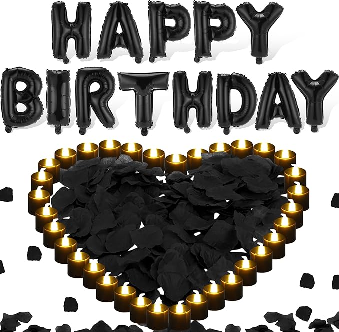 Black Happy Birthday Balloons Decorations Happy Birthday Letter Balloons Banner Set with 24pcs Round Flameless LED Candles and 2000pcs Artificial Rose Petals for Women Men Room Party Decor