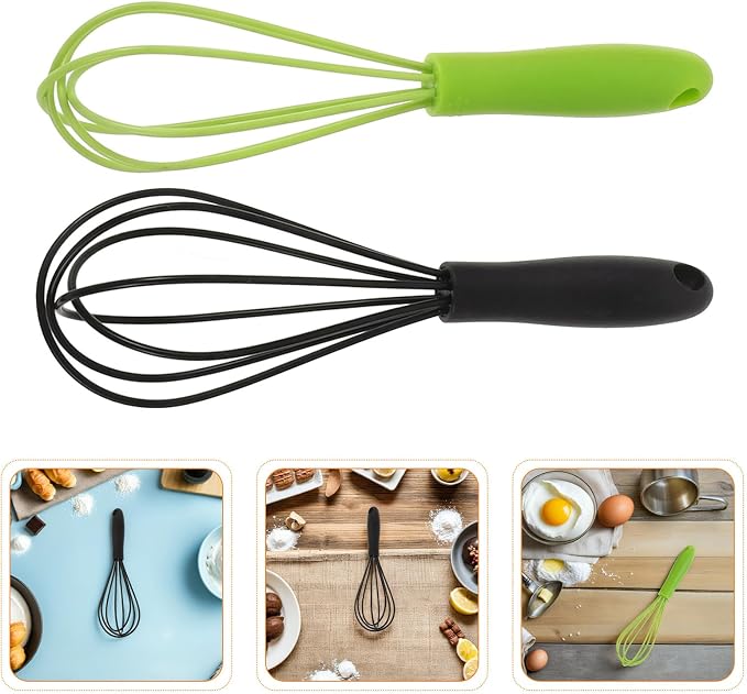 INOOMP 4pcs Mini Silicone Whisks 6-inch Stainless Steel Kitchen Egg Beater Handheld Mixing Tools for Cooking Baking with Colored Silicone Coated Wires Black and Green