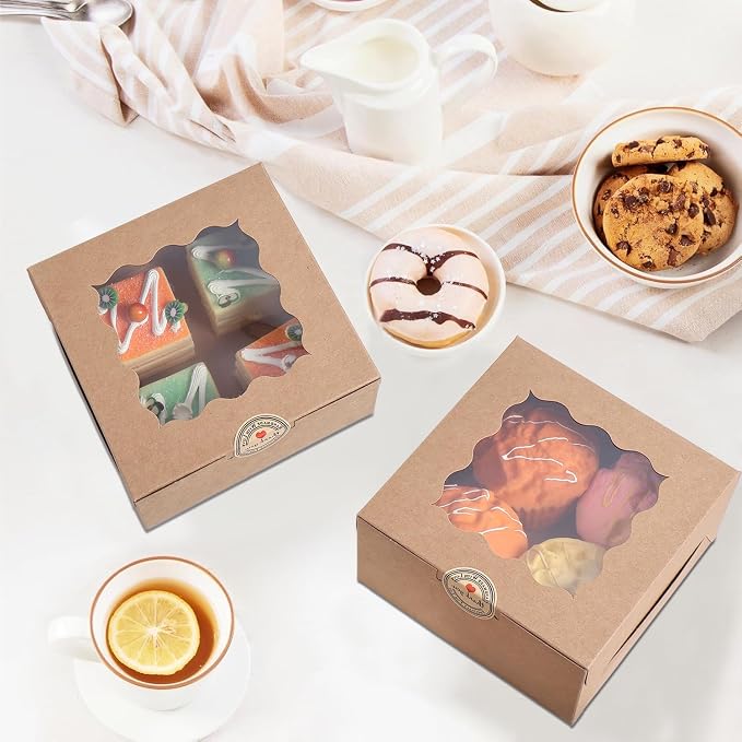 100 pcs 6x6x3 Inches Small Cake Box with Window, Bakery Pastry Cookie Boxes, Mini Pie container for Pastry,Dessert,Strawberries,Chocolates, Cupcakes with paper stickers (Brown)