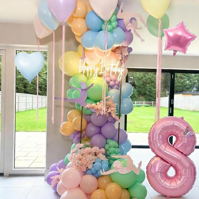 Pastel 8th Birthday Decorations for Girl,Macaron Rainbow 8th Party Decoration Colorful Balloons Banner Star Heart Number 8 Foil Balloon Cake Topper Butterfly Party Decorations 8 Year Old Decor