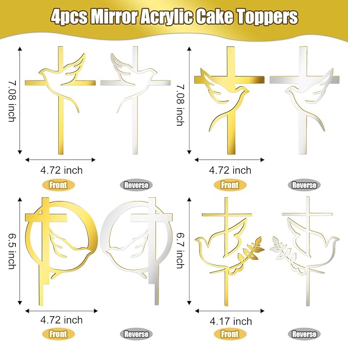 4 pcs Baptism Cake Toppers Acrylic Gold Dove Cross Cupcake Toppers Baptism First Communion Cake Decorations Supplies for Baby Shower Birthday Wedding Party Christian