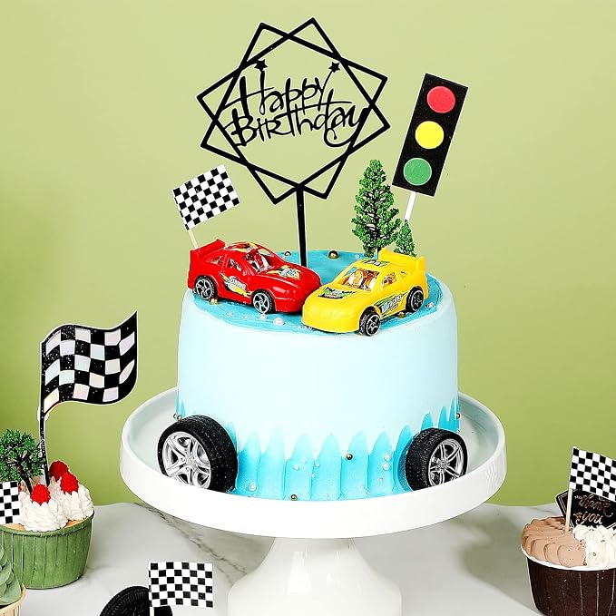 Yulejo 38 Pcs Racing Car Cake Topper with Race Cars Birthday Decorations Wheel Checkered Racing Flag Cupcake Topper Black Cake Race Cars Birthday Party Supplies Car Party Favor for Kid