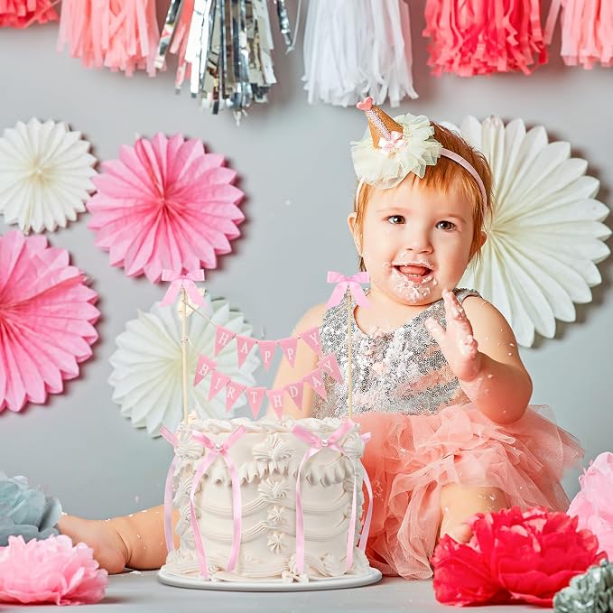 Honeydak 11 Pcs Pink Bow Ribbon Cake Topper Happy Birthday Cake Bunting Topper with Wood Pole Handmade Pennant Flags with Bows Ribbon for Birthday, Bridal Party Decoration