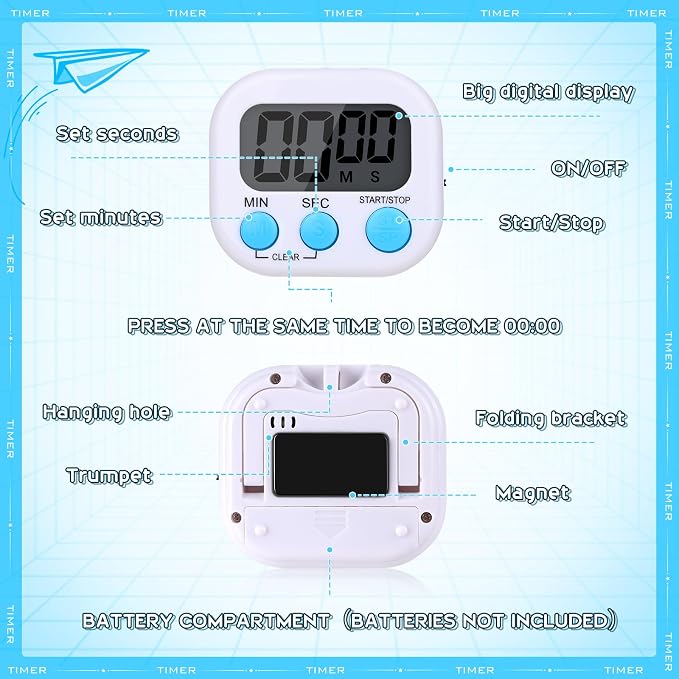 Mwellewm 12Pcs Digital Timers for Classroom Kitchen Timers for Cooking Small Magnetic Stopwatch Mini Countdown Timer Loud Alarm Stop for Study Work Baking Sports Games Office Timer Clock (White)