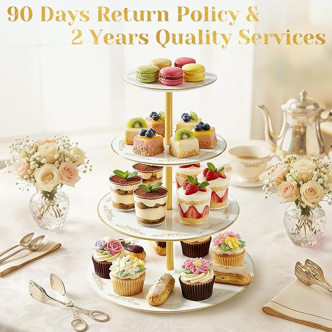 DUJUST 4-Tier Cupcake Stand Tower, British Style Porcelain Tiered Tray with Golden Trim & Pattern, Food Grade Dessert Display Stand, Beautiful Gift for Tea Party & Home Décor - White