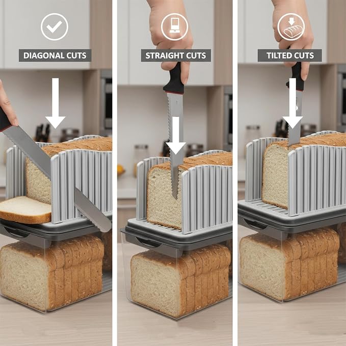 Bread Slicer with Knife, Adjustable Slicer & Loaf Cutter for Homemade Bread with Crumb Tray, Storage Box & Plastic Bags for Easy Slicing.