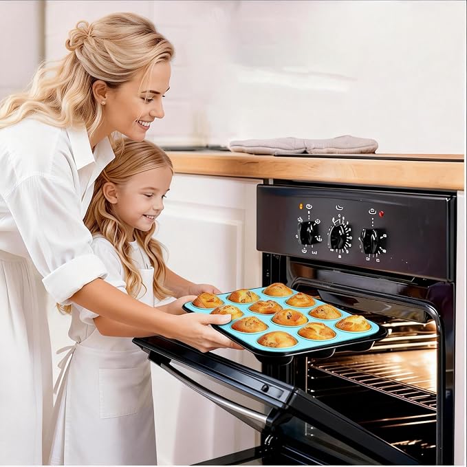 CAKETIME Silicone Muffin Pan, Regular Size 12 Cups Non Stick Cupcake Pan for Baking, Light Blue