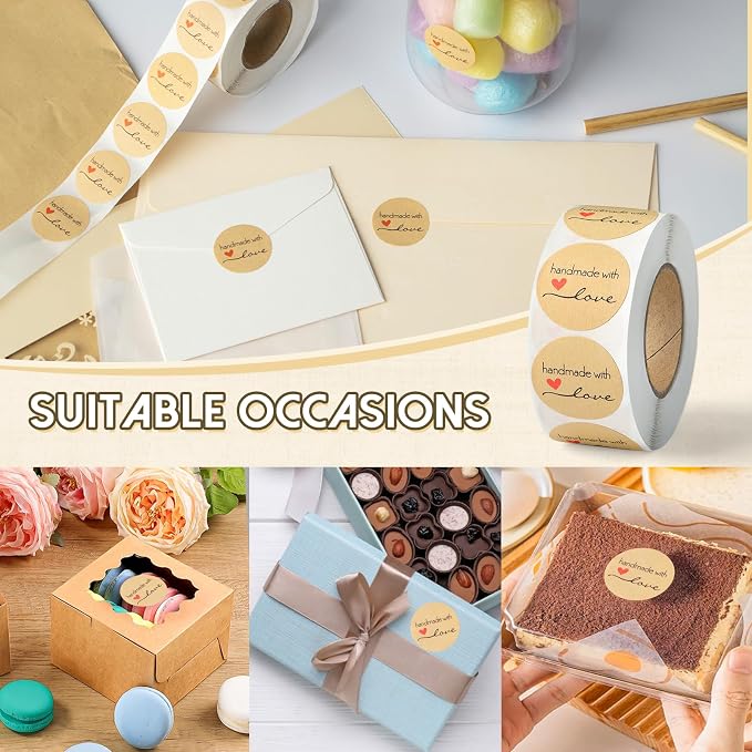500PCS Handmade with Love Stickers, Kraft Made with Love Tags 1 Inch(25mm) Seal Labels Self-Adhesive for Baked Packaging Envelope Homemade Gift Small Business