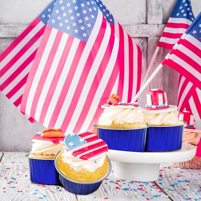 4th of July 50Pcs Mini Aluminum Foil Cupcake Baking Cups,5oz Mini Cake Pans Disposable, Loaf Pans with Lids,Disposable Ramekins,Tin Cups Containers for Cupcake,Pudding,Muffin(50, Blue)