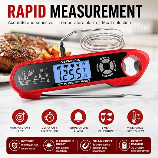 Digital Instant Read Meat Thermometer Waterproof Kitchen Food Cooking Thermometer Dual Probes Backlight, Alarm, °F/°C for BBQ Grill Smoker Steak Turkey Frying Baking Oven Water Oil