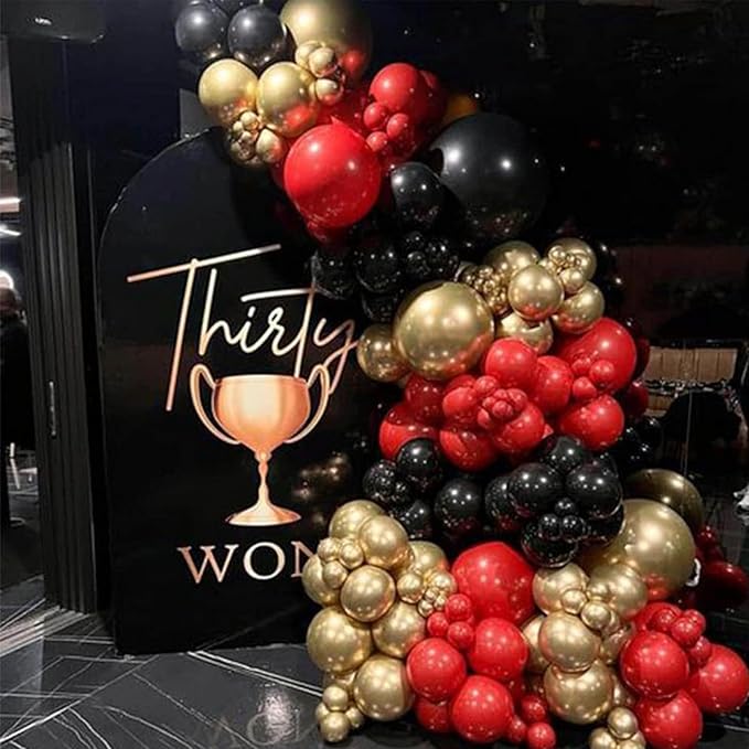 PartyWoo Red Black and Gold Balloon Arch Kit Garland 140pcs Different Sizes of 18 12 10 5 Inch Matte Black Red Metallic Gold Confetti Balloons for New Year's Eve Graduation Birthday Party Decorations