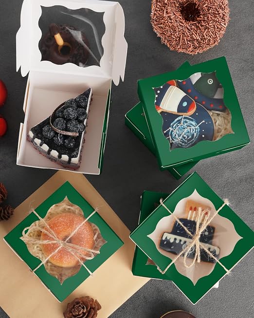qiqee Deep Green Bakery Boxes with Window 55pcs 4x4x2.5 Mini Cookie Boxes Macaron Boxes Small Donut Pastry Boxes for Party