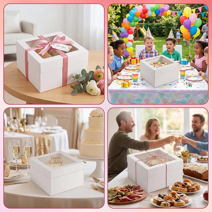 CRUGLA 15 Pack 12x12x8 Cake Boxes with Cake Boards, White Bakery Window Boxes, Tall Dessert Carrier for Birthdays, Weddings, Bake Packaging